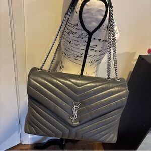 Yves Saint Laurent Metallic Gray Chevron Shoulder Bag